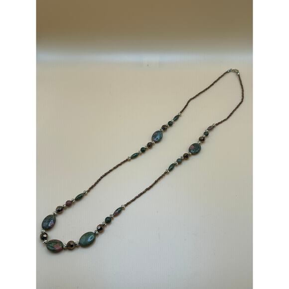 Earth-Tone Beaded Statement Necklace – Green Jasper & Bronze Accents - Picture 2 of 4